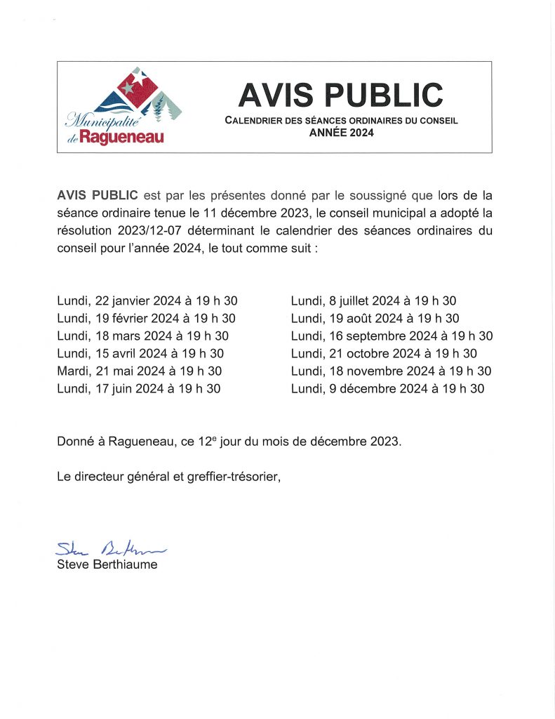 Avis public Calendrier des séances ordinaires du conseil Année 2024