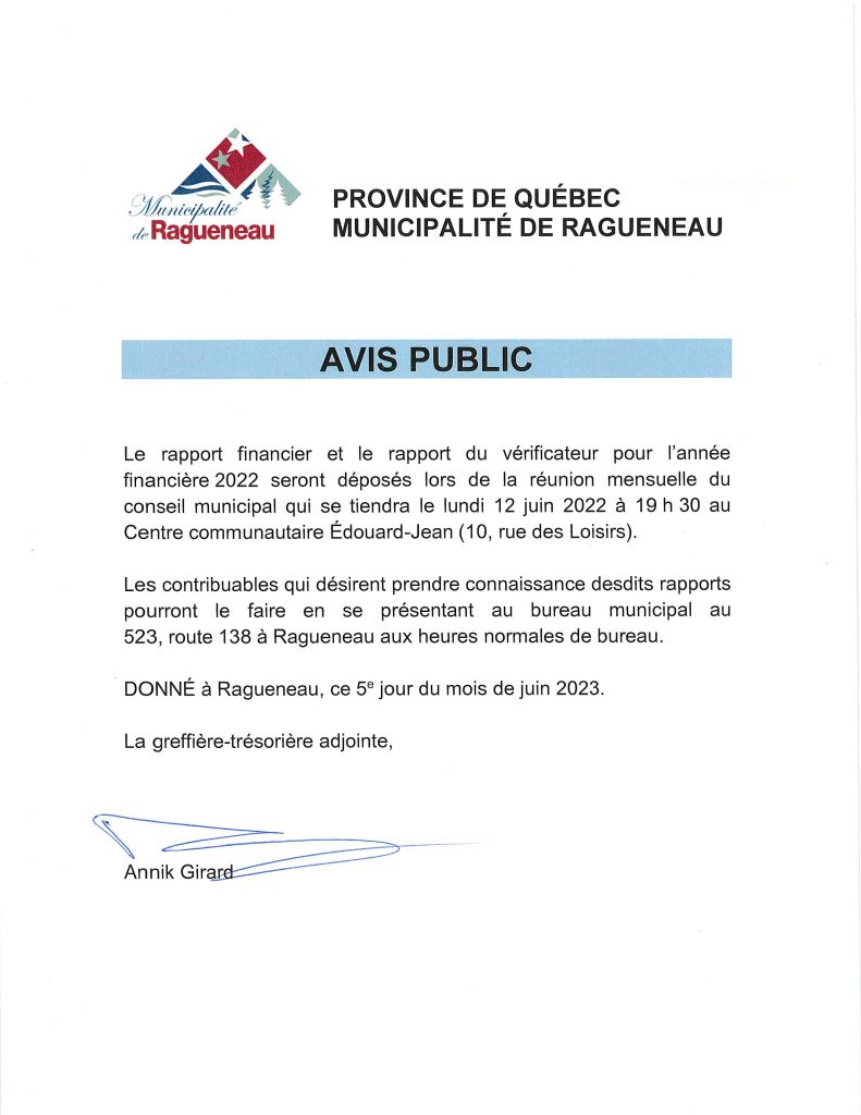 Avis Public D P T Du Rapport Financier Et Rapport Du V Rificateur Pour Lann E Financi Re