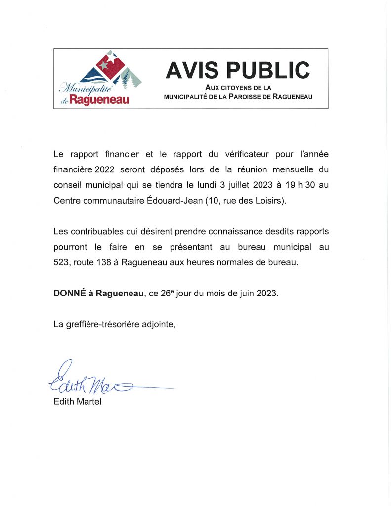 Avis Public D P T Du Rapport Financier Municipalit De Ragueneau